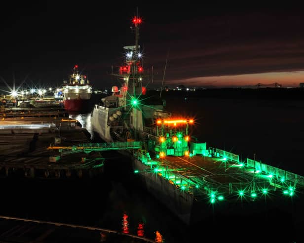 HMS Forth deploys its new helicopter landing system on the River Tees.