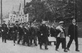 The Jarrow marchers pictured in formation on a road near Nottingham in 1936.