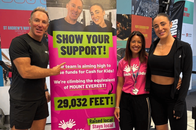 David Fairlamb and Georgia Sybenga with, Lisa Fox (centre), the charity fundraising executive at Cash for Kids North East.