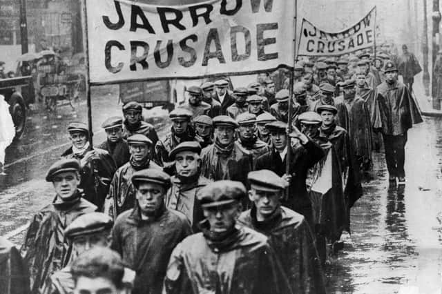 Protest marchers on the Jarrow Crusade, who walked to London to demand the right to work. (Photo by Keystone/Getty Images)