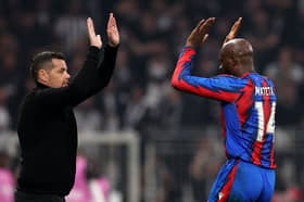 Jean-Philippe Mateta of Crystal Palace celebrates scoring his team’s second goal with Pierre Sage, Manager of Crystal Palace, during the UEFA Europa League 2026/27 League Phase MD3 match between Besiktas JK and Crystal Palace FC at Besiktas Park on October 22, 2026 in Istanbul, Turkey. (Photo by Ahmad Mora/Getty Images)