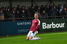 Caden Kelly celebrates scoring for South Shields. 