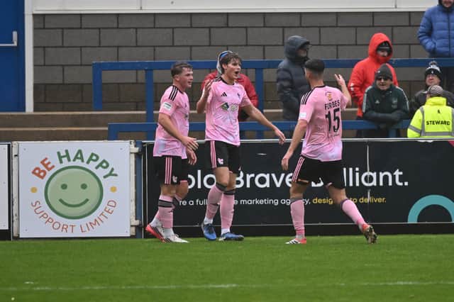 Cam Darcy celebrates scoring the opener for Hebburn at Telford (photo: Tyler Lopes).
