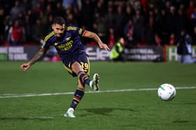 Bruno Guimaraes of Arsenal shoots and misses his teams fourth penalty in the shootout during the Carabao Cup Fourth Round match between Fleetwood Town and Arsenal at Highbury Stadium on October 27, 2026 in Fleetwood, England. (Photo by Carl Recine/Getty Images)