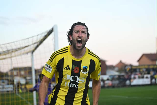 Matthew Elsdon celebrates after scoring Hebburn Town's equaliser in their home draw with Harborough Town (photo Tyler Lopes)