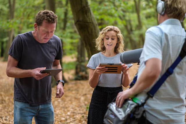 Actors Barnaby Kay and Nicola Stephenson on the set of ‘The Whisperer in Darkness’ podcast with sound designer David Thomas.