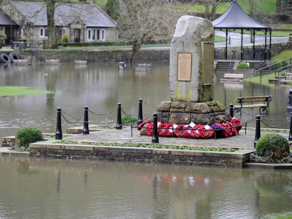 Flooding around the War Memorial in Pateley Bridge last year during the February storms.