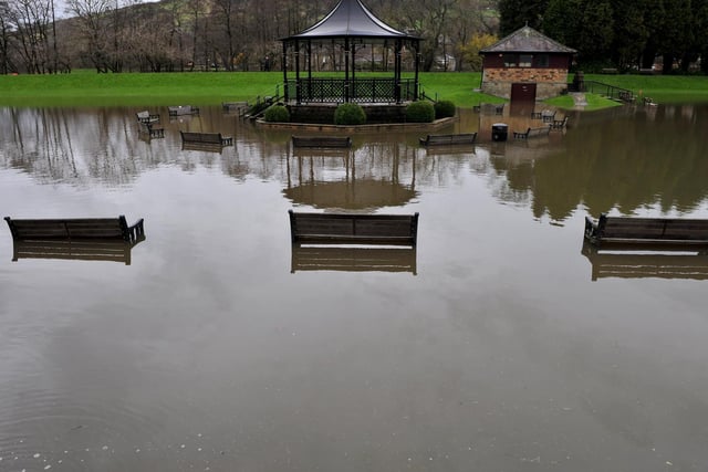 Seating around the bandstand submerged in water in 2020.