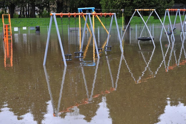 The playground completely submerged in Pateley in 2020.