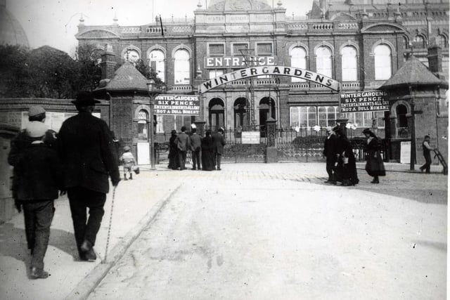 Not a dull moment promised the sign at the old Victoria Street entrance to the Winter Gardens seen here before the erection of what was known as the Victoria Annexe in 1897. Admission was just six pence (2.5p) at the sprawling attraction.