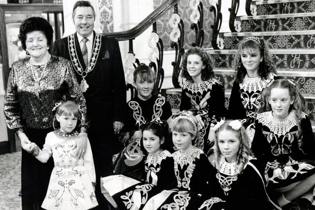 Coun Joe Kneafsey and his wife Bernadette Kneafsey with some young Irish dancers at the theatre in 1990