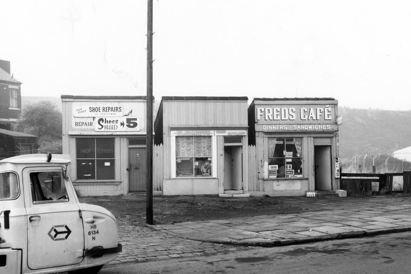 Cow Close Road in October 1969. Pictured is a cobblers and Elizabeth hair stylist. On the right is Fred's Cafe offering dinners and sandwiches.