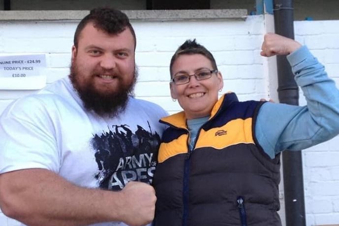 Angela P Nash met Strongman Eddie Hall at Frickley football club.