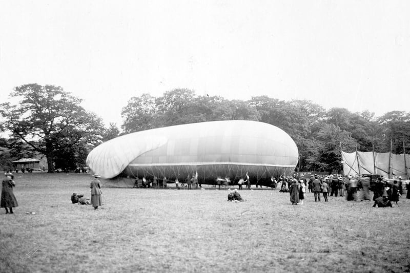 A Kite Balloon (military observation balloon) appears to be being prepared for flight. The public could make ascents with a pilot, weather permitting, at a cost of 10 shillings and 6d in old money