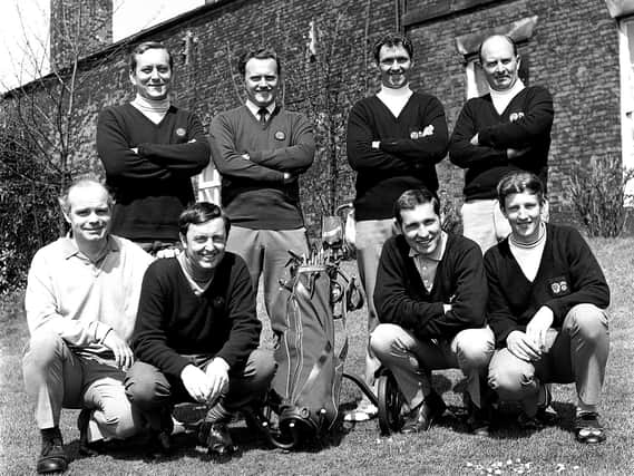 Competitors line up to tee off for the start of the Churchman's Golf Tournament at Hindley Hall golf club in 1971