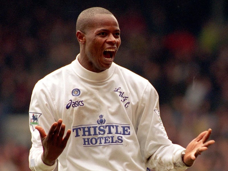 Phil Masinga celebrates scoring Leeds United's first goal.
