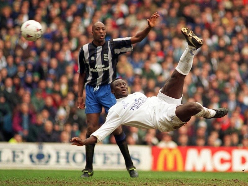 Tony Yeboah fires Leeds into a 2-0 lead with an overhead kick as Birmingham's ex Leeds United defender Chris Whyte watches.