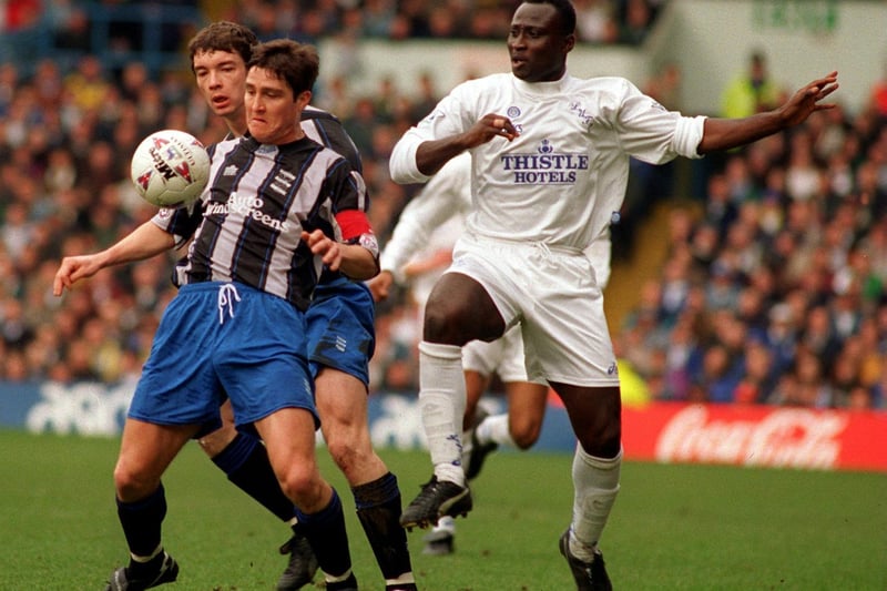 Tony Yeboah battles with Birmingham City captain Gary Poole.