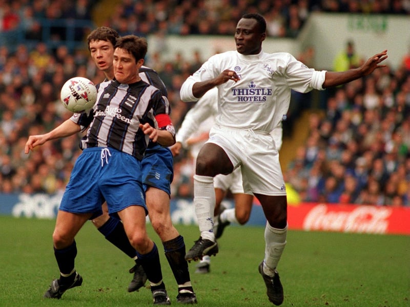 Tony Yeboah battles with Birmingham City captain Gary Poole.