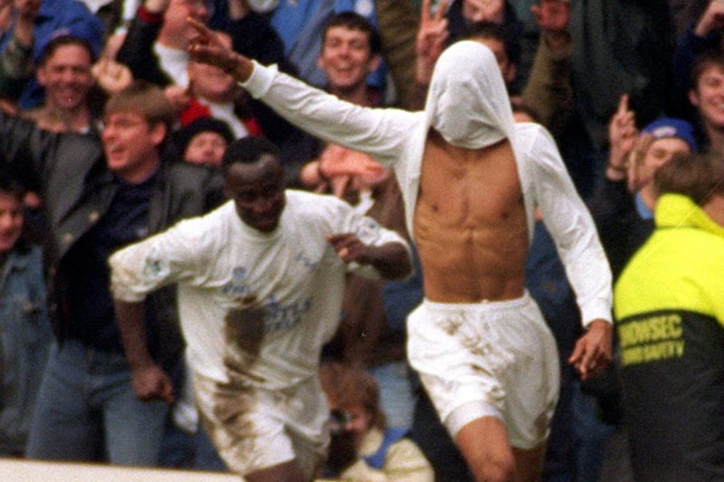 Brian Deane hides his face after scoring Leeds United the third goal.