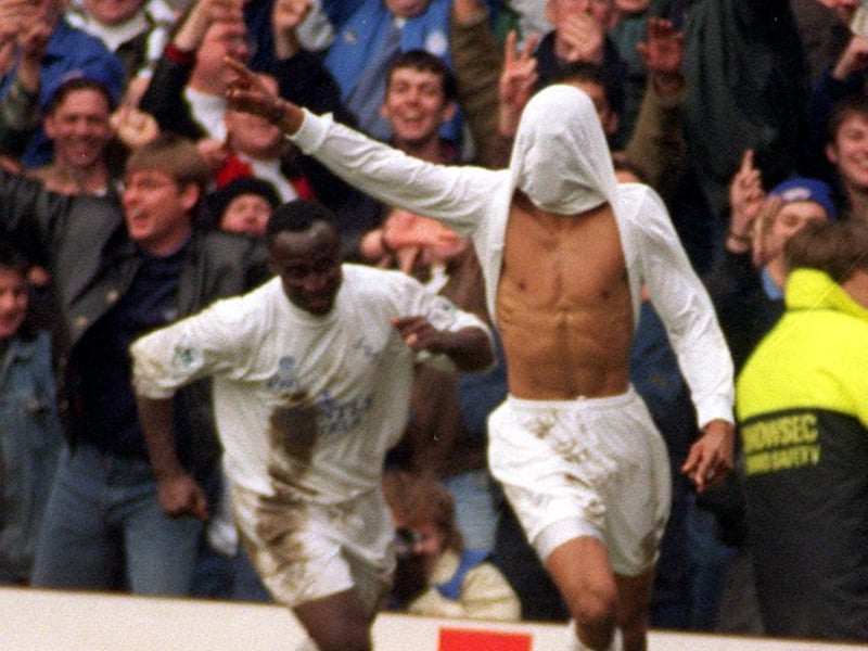 Brian Deane hides his face after scoring Leeds United the third goal.