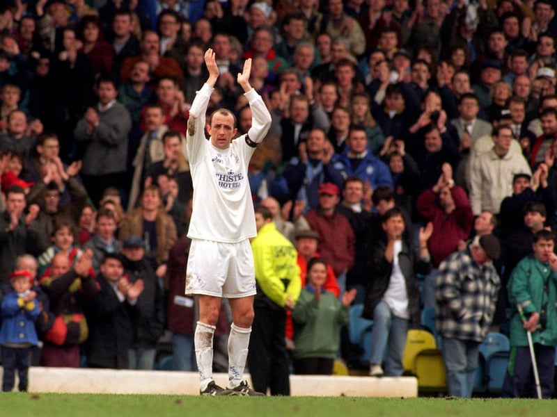 Gary McAllister applauds the Elland Road faithful at full-time.