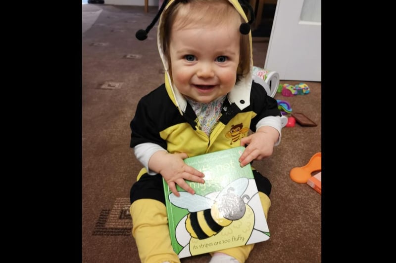 Rosalie first world book day age 8 months. My little bumble bee from the "that's not my bee" touchy feely book