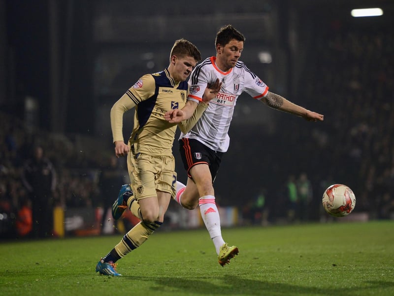 Sam Byram - who put the Whites ahead after 40 minutes - battles for the ball with Fulham's Tim Hoogland.