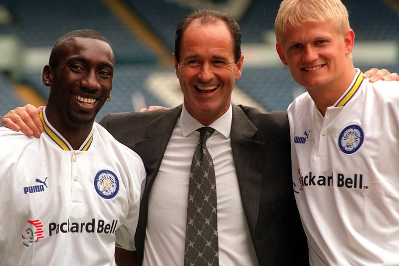 Alf-Inge Haaland pictured with manager George Graham and fellow new recruit Jimmy Floyd Hasselbaink in June 1997.