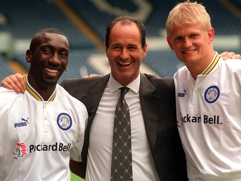 Alf-Inge Haaland pictured with manager George Graham and fellow new recruit Jimmy Floyd Hasselbaink in June 1997.