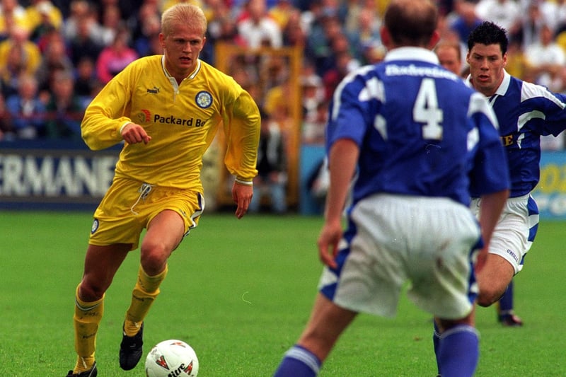 Alf-Inge Haaland runs at the Shelbourne defence during a pre-season friendly in July 1997.