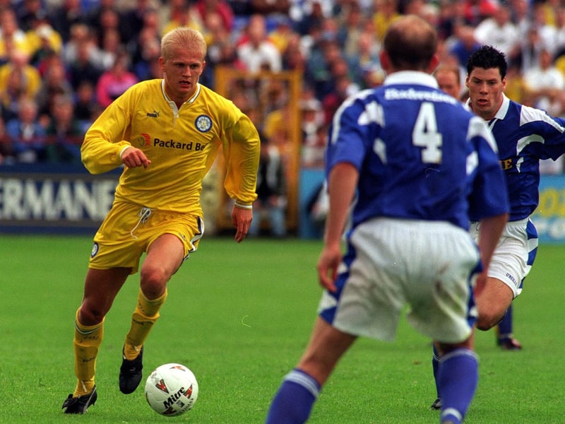 Alf-Inge Haaland runs at the Shelbourne defence during a pre-season friendly in July 1997.