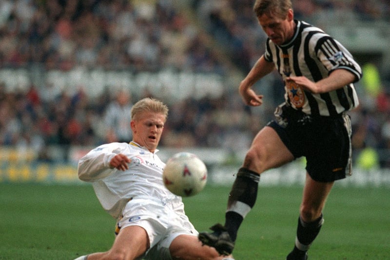 Alf-Inge Haaland challenges Newcastle United's Stuart Pearce during Leeds United's clash at St James's Park in February 1998. The game finished 1-1 with Rod Wallace scoring for the Whites.