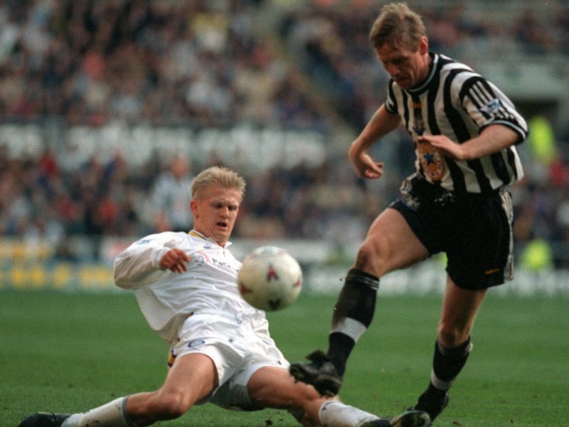 Alf-Inge Haaland challenges Newcastle United's Stuart Pearce during Leeds United's clash at St James's Park in February 1998. The game finished 1-1 with Rod Wallace scoring for the Whites.