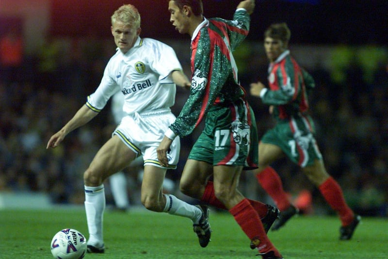Alf-Inge Haaland in the heart of midfield during the UEFA Cup first round, first leg clash against CS Marítimo at Elland Road in September 1999. The Whites won 1-0.