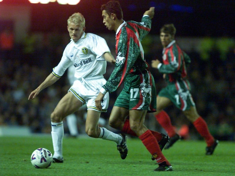 Alf-Inge Haaland in the heart of midfield during the UEFA Cup first round, first leg clash against CS Marítimo at Elland Road in September 1999. The Whites won 1-0.