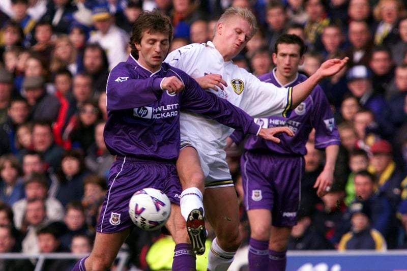 Alf-Inge Haaland battles for the ball with Tottenham Hotspur's Tim Sherwood during the FA Cup fifth round clash at Elland Road in February 1999. The game finished 1-1. Leeds lost the replay 2-0.
