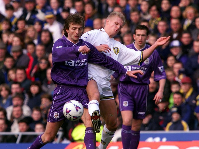 Alf-Inge Haaland battles for the ball with Tottenham Hotspur's Tim Sherwood during the FA Cup fifth round clash at Elland Road in February 1999. The game finished 1-1. Leeds lost the replay 2-0.