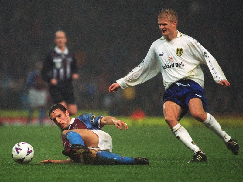 Aston Villa's Gareth Southgate slides in to take the ball away from Alf-Inge Haaland during the Premier League clash at Villa park in February 1999. Leeds won 2-1 thanks to a brace from Jimmy Floyd Hasselbaink.