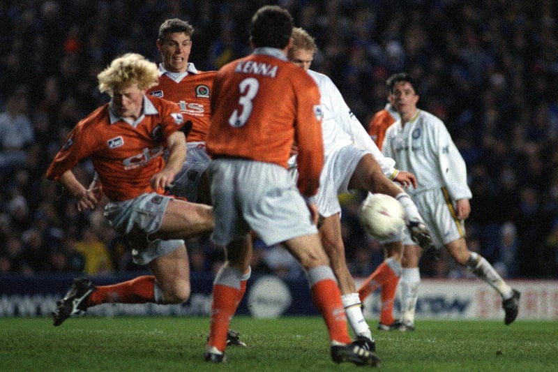 Alf-Inge Haaland fires home against Blackburn Rovers at Elland Road in March 1998. He bagged a brace as the Whites won 4-0.