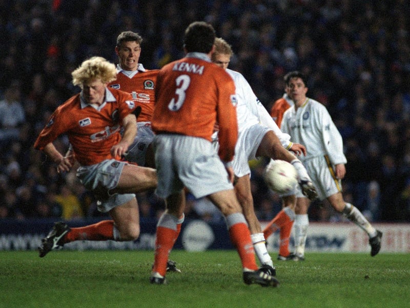 Alf-Inge Haaland fires home against Blackburn Rovers at Elland Road in March 1998. He bagged a brace as the Whites won 4-0.