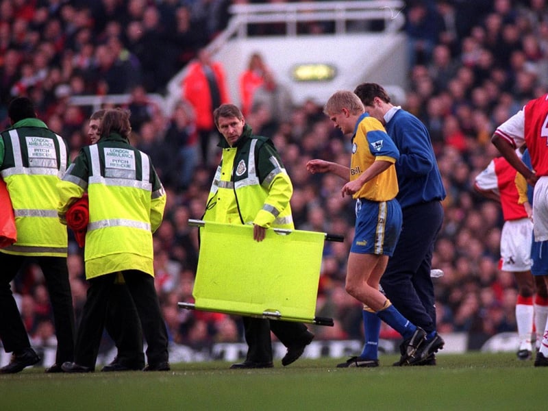 Alf_Inge Haaland leaves the field against Arsenal at Highbury in December 1998 after picking up an injury. The Gunners won 3-1.