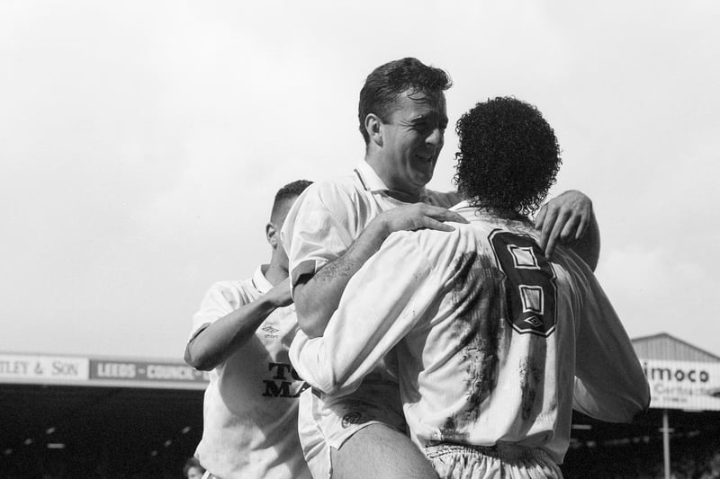 Bobby Davison and Vinne Jones congratulate Chris Kamara after his ball down the left channel set Gary Speed on his way to score the fourth with a low left footed shot across Simon Tracey.