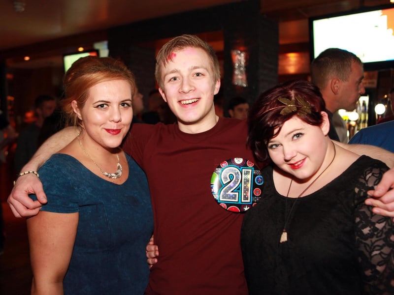 Nick celebrating his 21st birthday with Sami and Sian in Blue Lounge, in 2014.