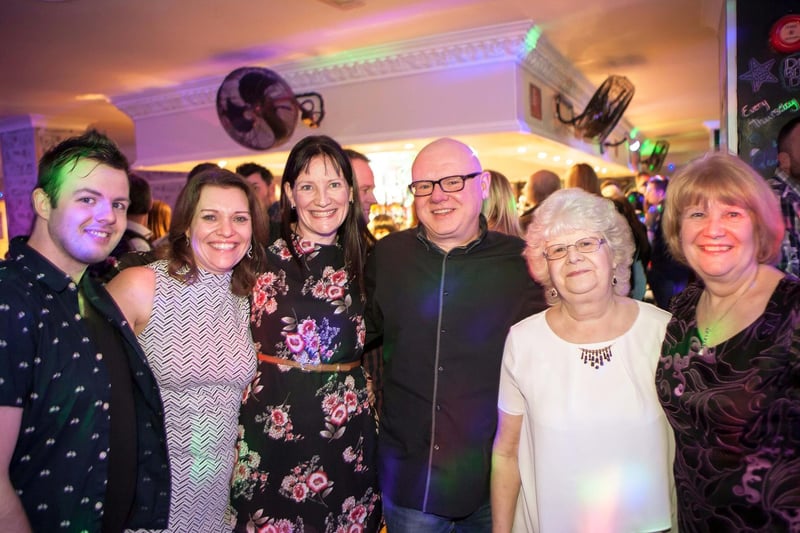 Chris, Lisa, Helen, Andy, Dianne and Charlie celebrate Andy's 50th birthday in L'Amour Cabaret Bar, in 2017.