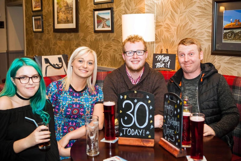 Abi, Mel, Tom and Craig enjoy the birthday celebrations in Dickens Bar, in 2016.