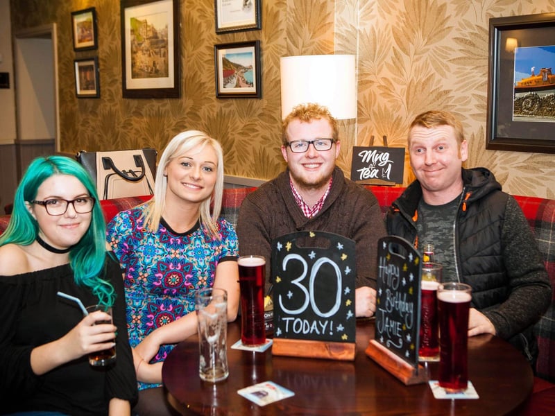 Abi, Mel, Tom and Craig enjoy the birthday celebrations in Dickens Bar, in 2016.