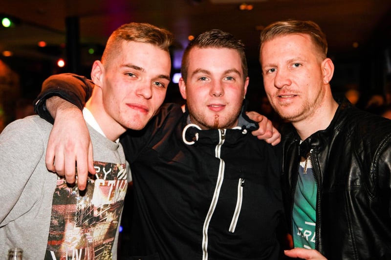 Dominic, Matt and Danny out in town celebrating Dominic's birthday in Quids Inn, in 2016.