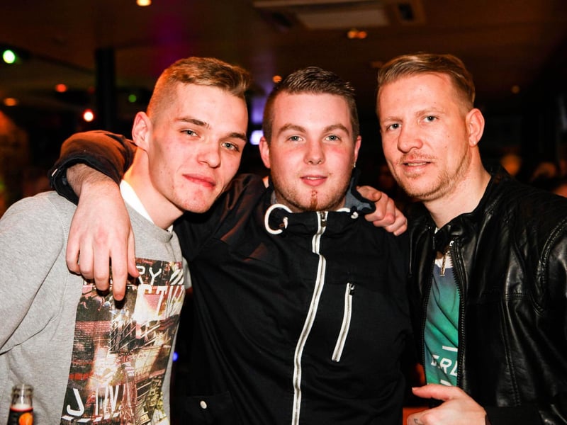 Dominic, Matt and Danny out in town celebrating Dominic's birthday in Quids Inn, in 2016.