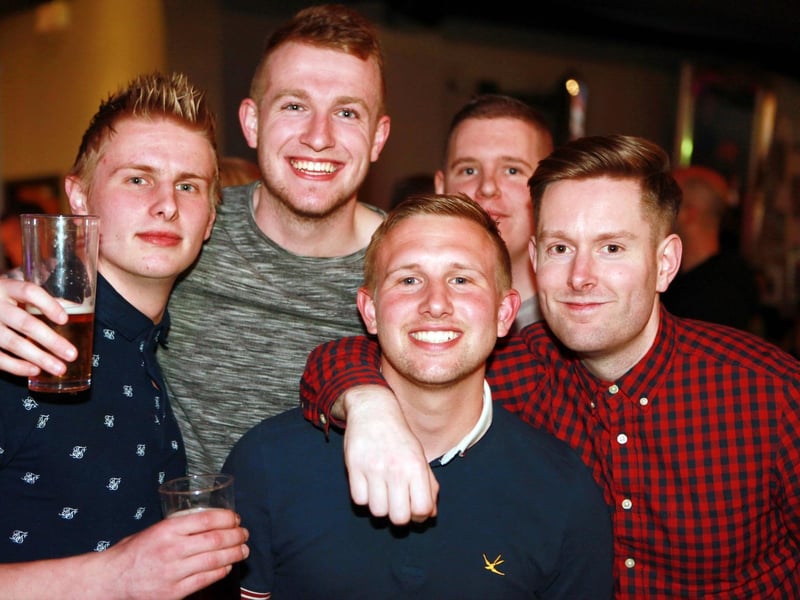 Geo, Jack, Tom, Dave and Pato celebrating Pato's 21st birthday in The Scarborough Flyer, in 2015.